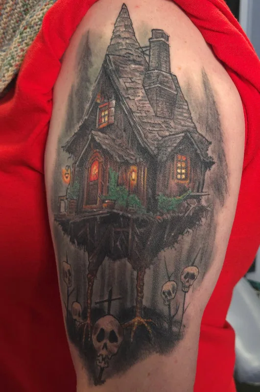 Baba Yaga hut from Slavic folklore, tattoo done by Kyle