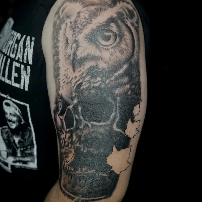 B&G skull and Owl tattoo by Jesse