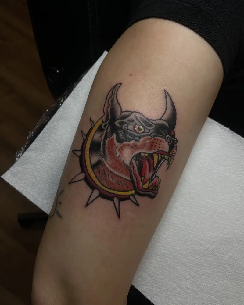 full color traditional Doberman tattoo